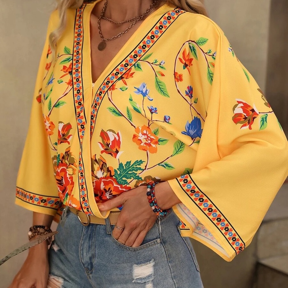 Boho Floral Print Kimono Sleeve Blouse - Picture 6 of 8